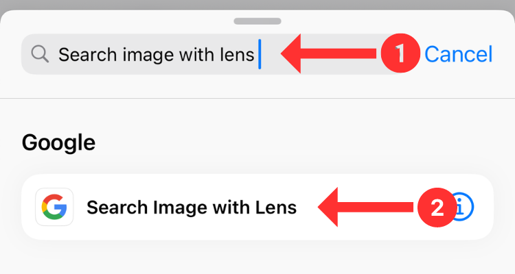 Search Image with Lens shortcut for iPhone.