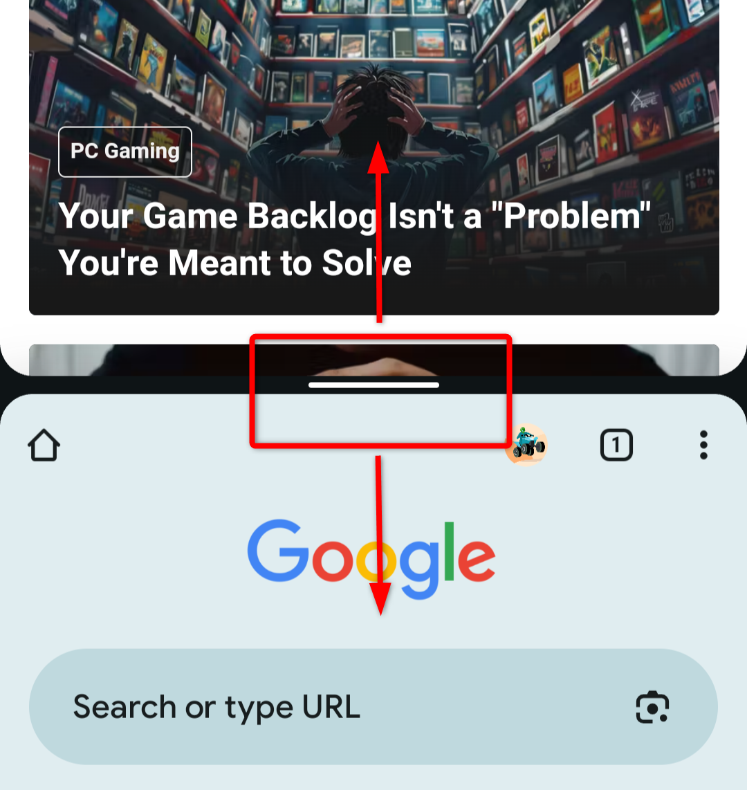 A screenshot showing how to switch from split screen to full screen mode on an Android phone.