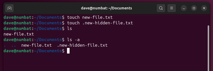 Using the Linux touch command to create a regular and a hidden file in a terminasl window.