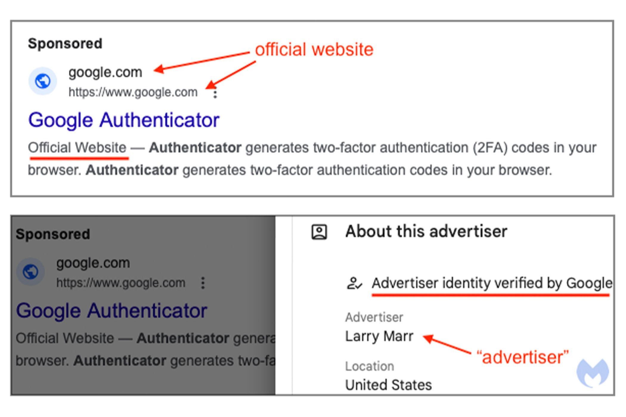 Screenshots of the fraudulent Google Authenticator ad in Google Search.