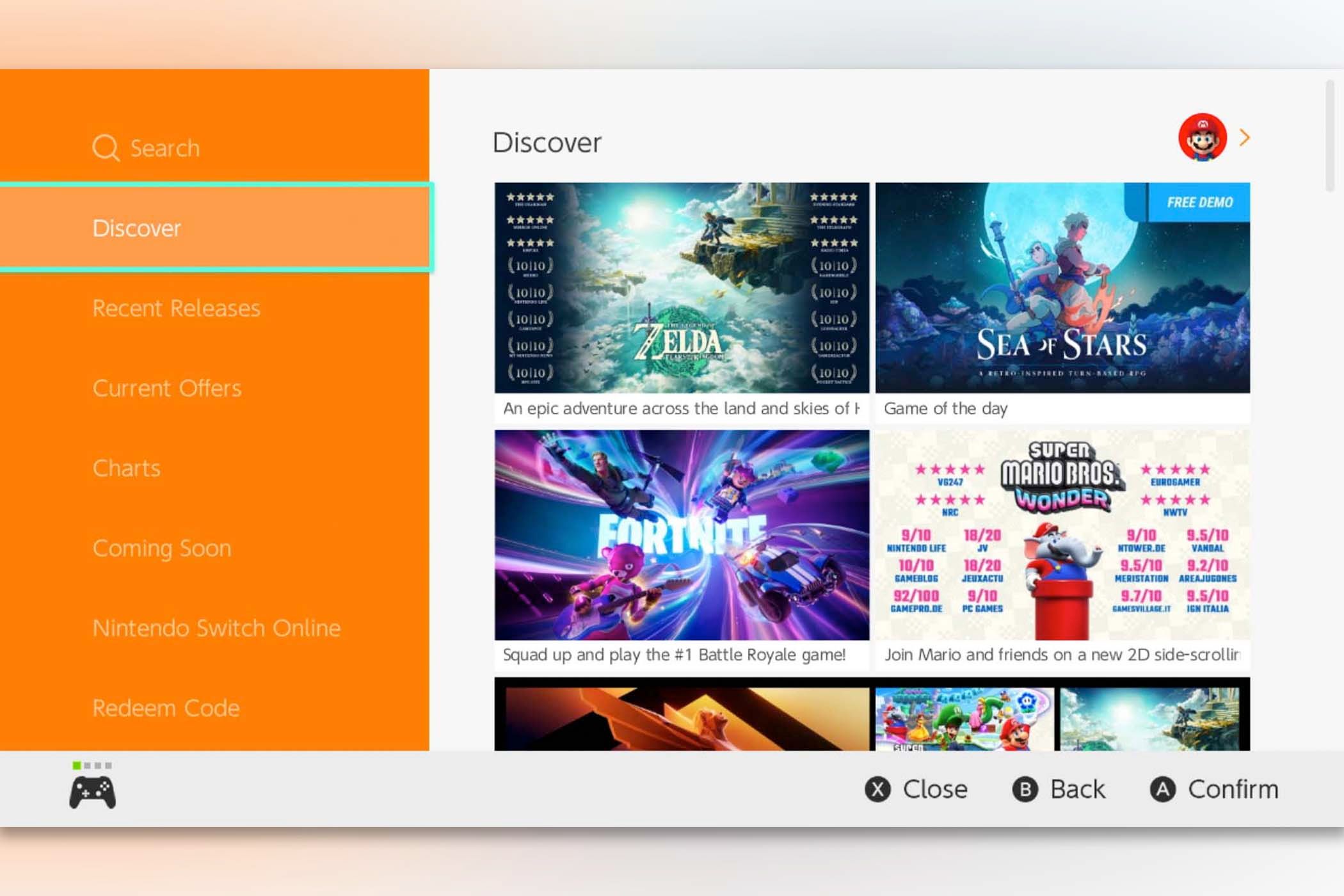 A screenshot of the Discover page on the Nintendo Switch eShop.