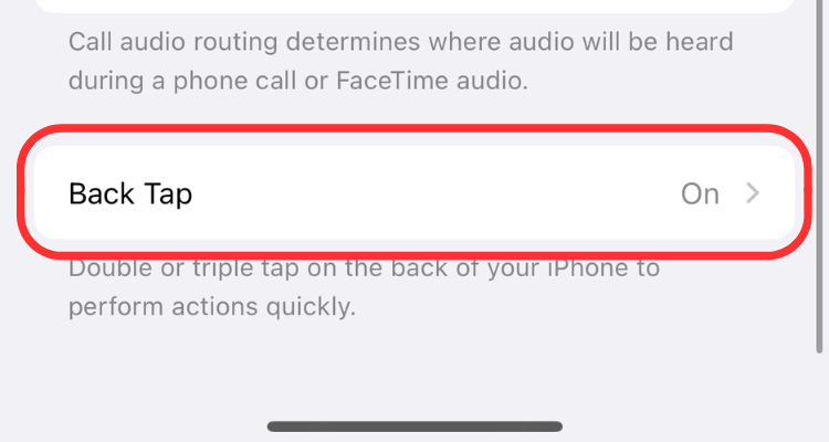 Screenshot of the Back Tap option in iPhone's Settings app.