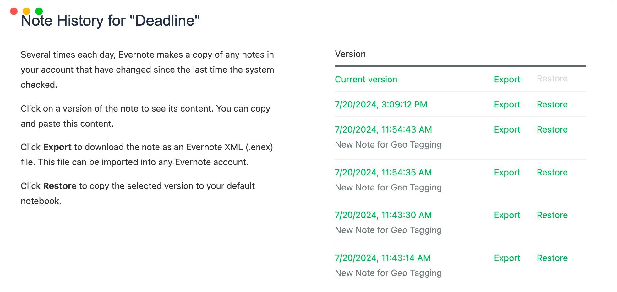 Checking a note's history in Evernote.