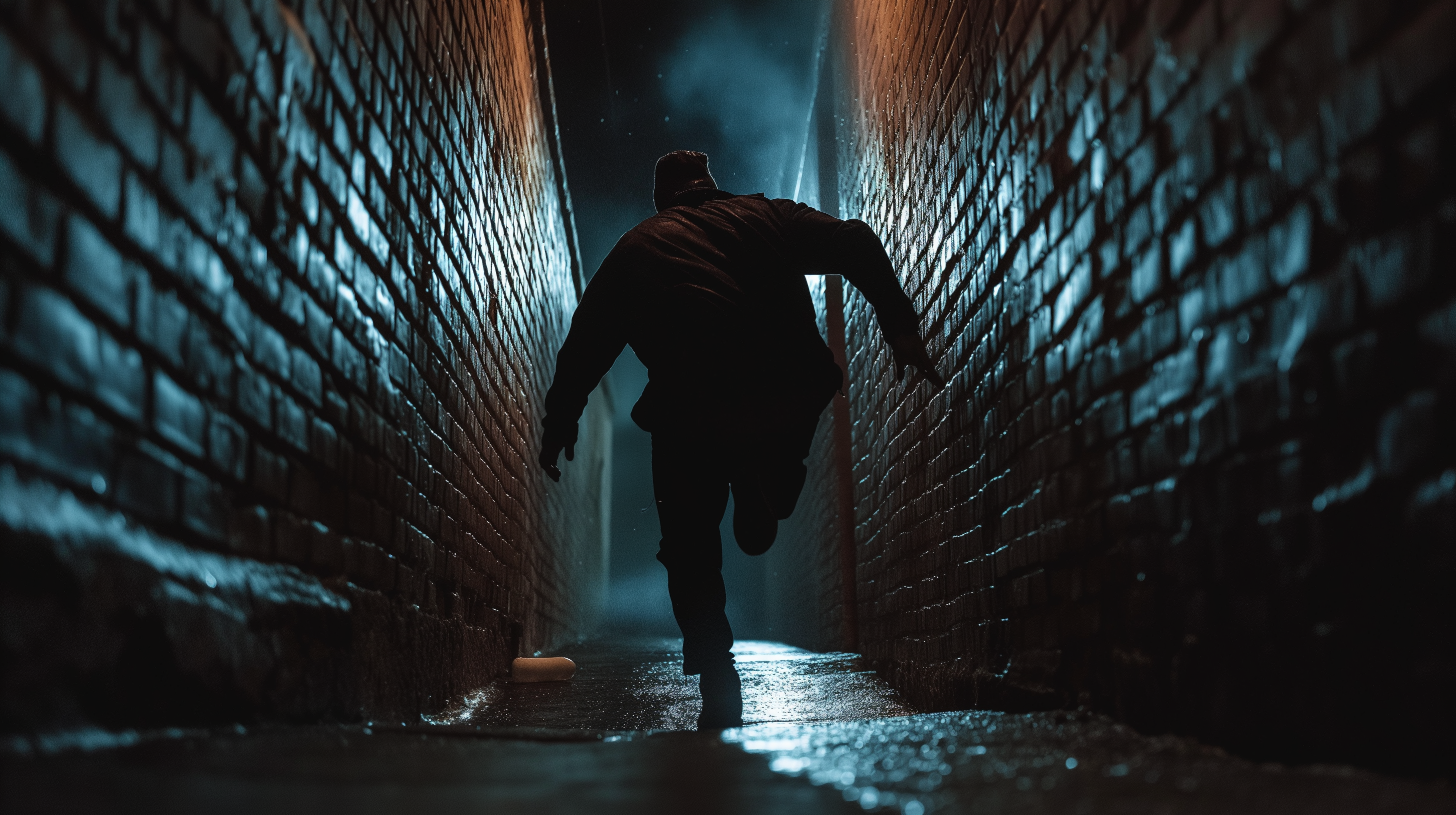 Person running through an alley at night