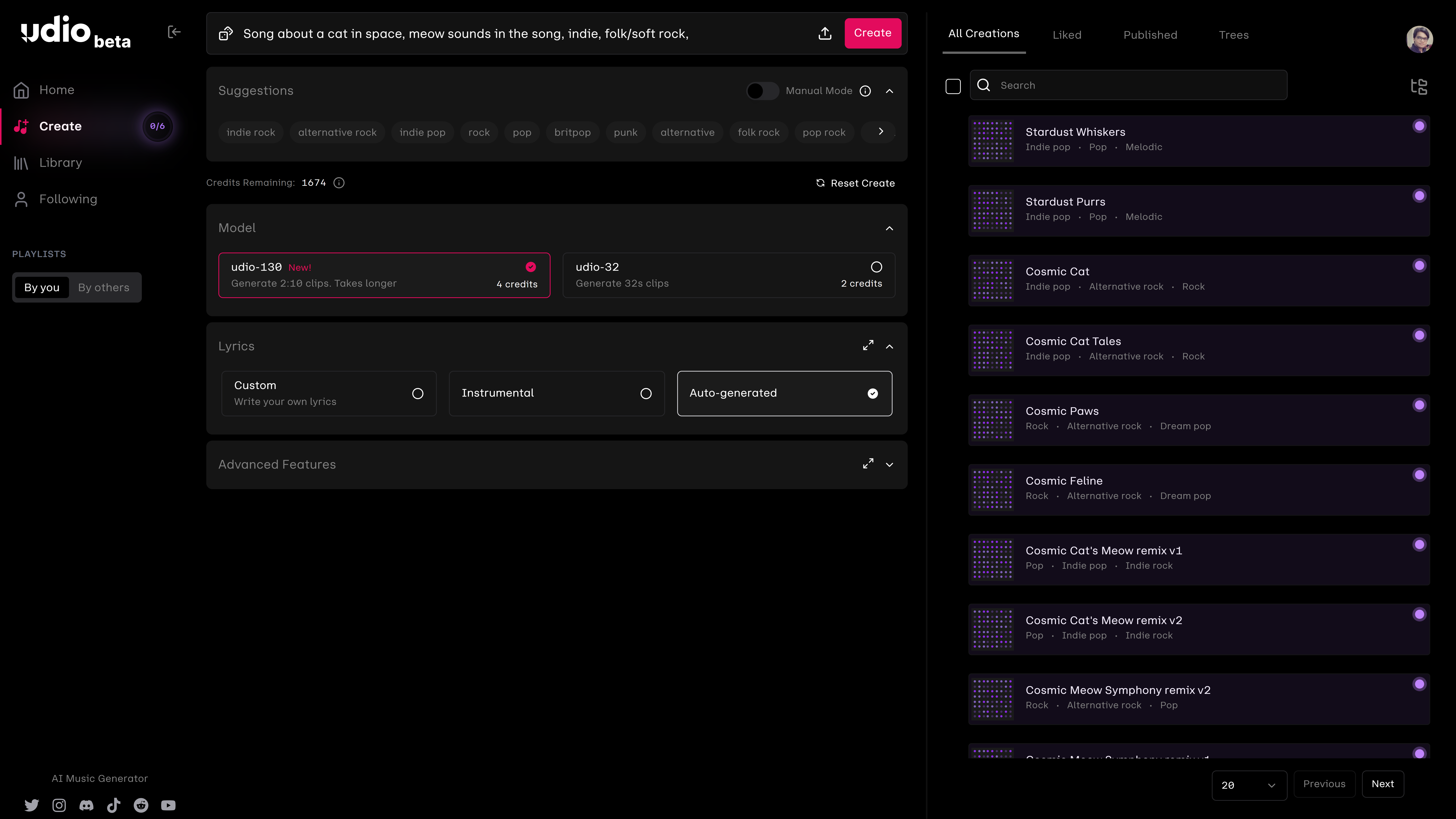 Udio web app music creation interface