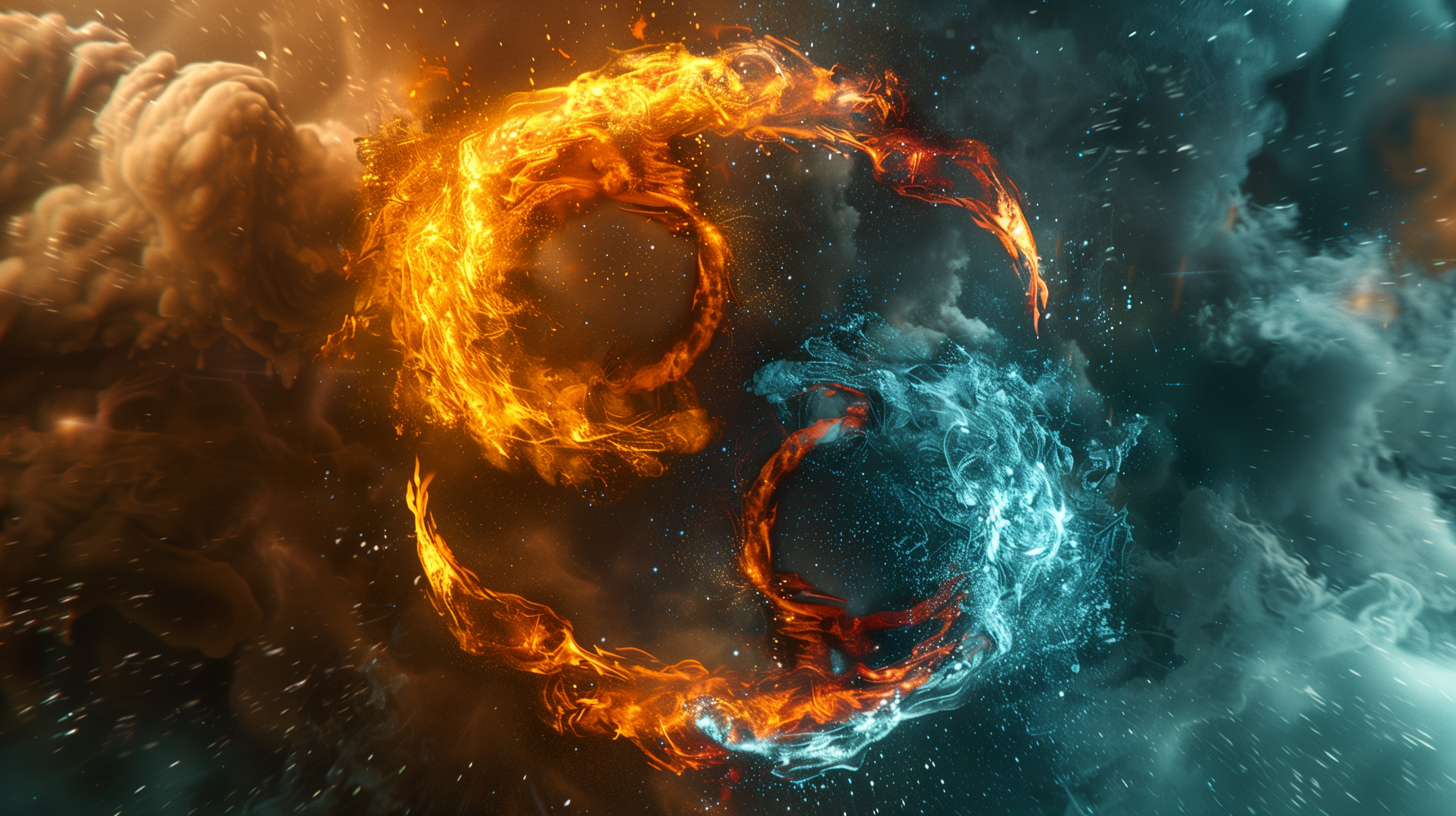 An AI-generated yin and yang symbol of fire and ice in the clouds