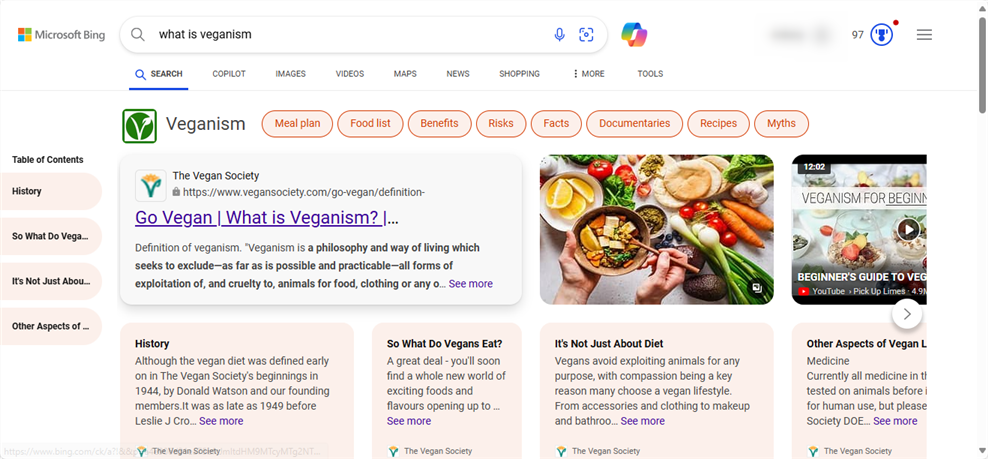 A Bing search about veganism, with AI-generated responses displayed at the top of the results.