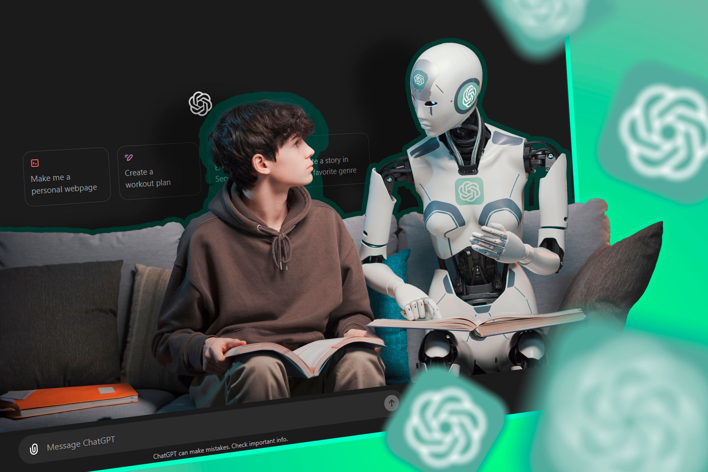 A ChatGPT AI tutor robot helping a boy.