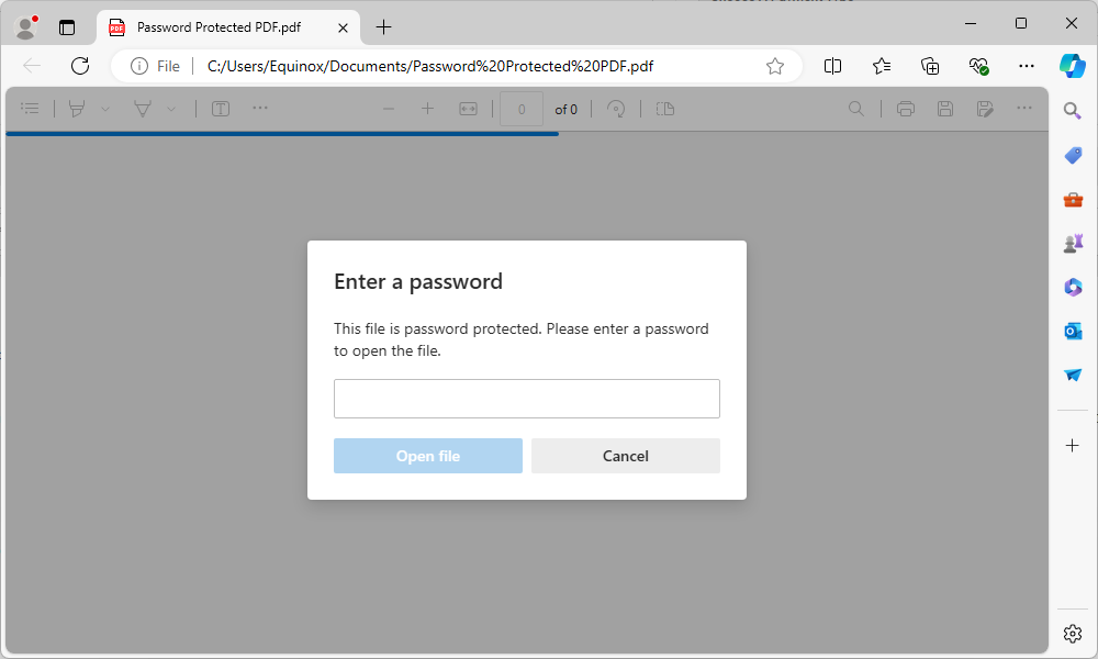 A password protected PDF prompt in Microsoft Edge.