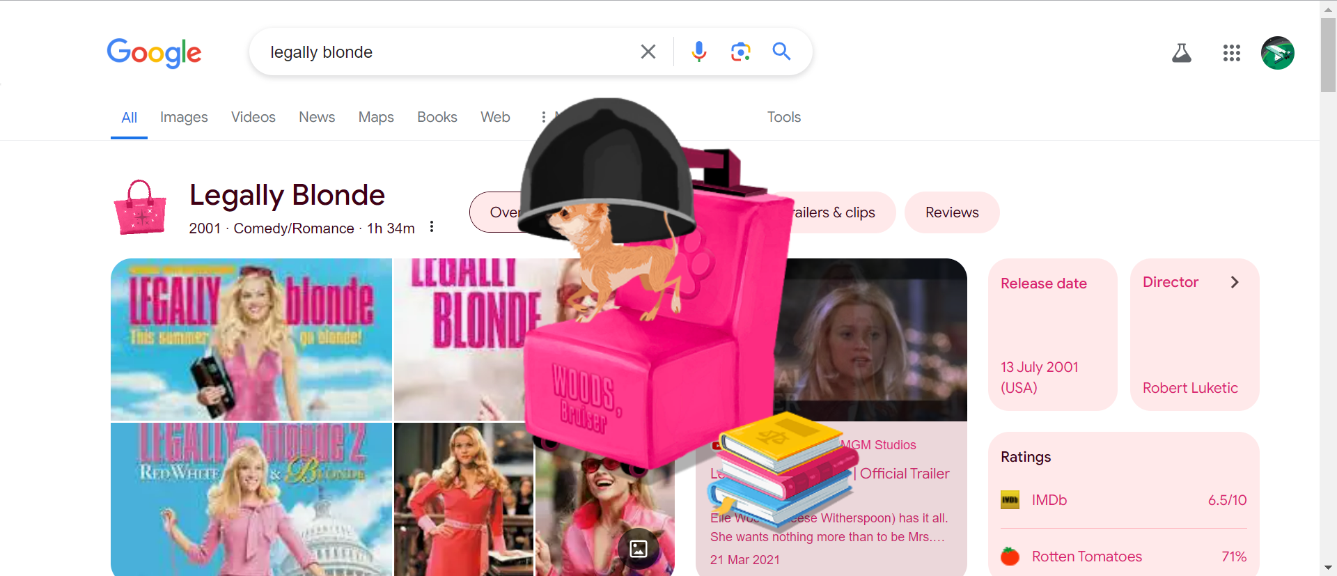 A small dog standing under a hair dryer with the Google search results for legally blonde in the background