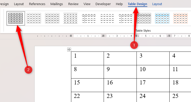 A table in a Word document, with the Table Design tab opened and a plain Table Style selected.