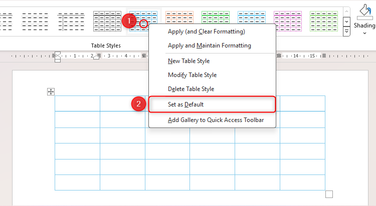 A table style in Microsoft Word being selected as the default layout via a right-click.