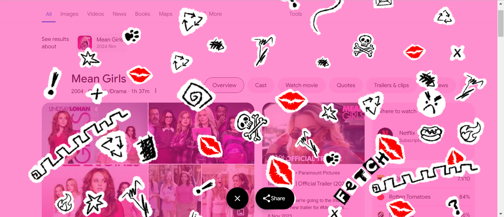 A transparent pink background with kiss and scribble designs on it