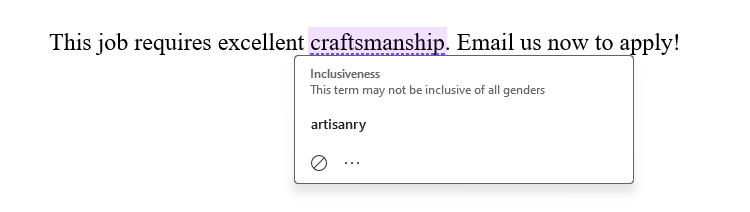 A Word document containing a word identified as not gender-inclusive, and suggested replacements are displayed underneath.