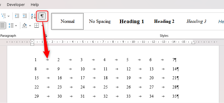 A Word document with a table converted to text, and the non-printing characters enabled to display the tabs used to maintain the table structure.