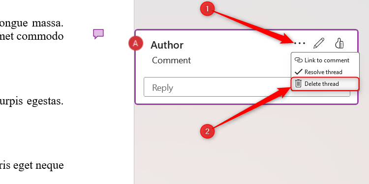 A Word document with the Delete Thread option selected on a comment.