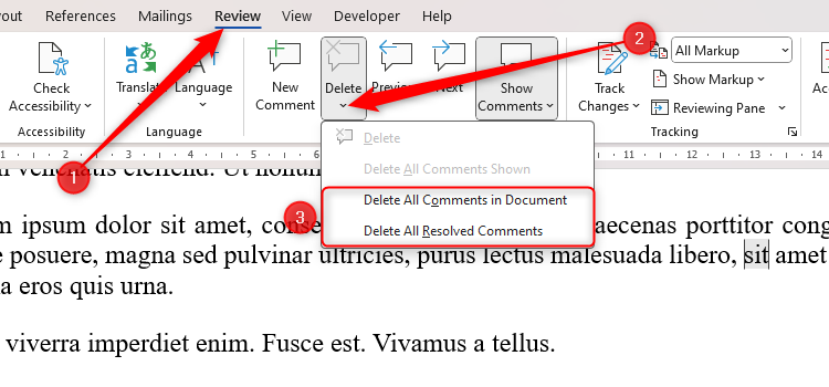 A Word document with the different options available for deleting comments.