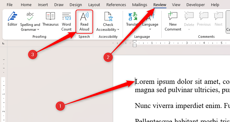 A Word document with the Read Aloud tool selected via the Review tab.