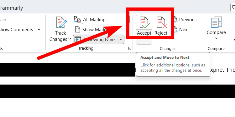 Accepting or reviewing changes in Microsoft Word.