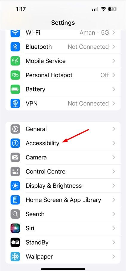 Accessibility option in the Settings app.