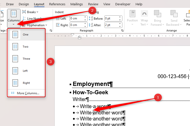 A Word document with the Columns drop-down menu opened.