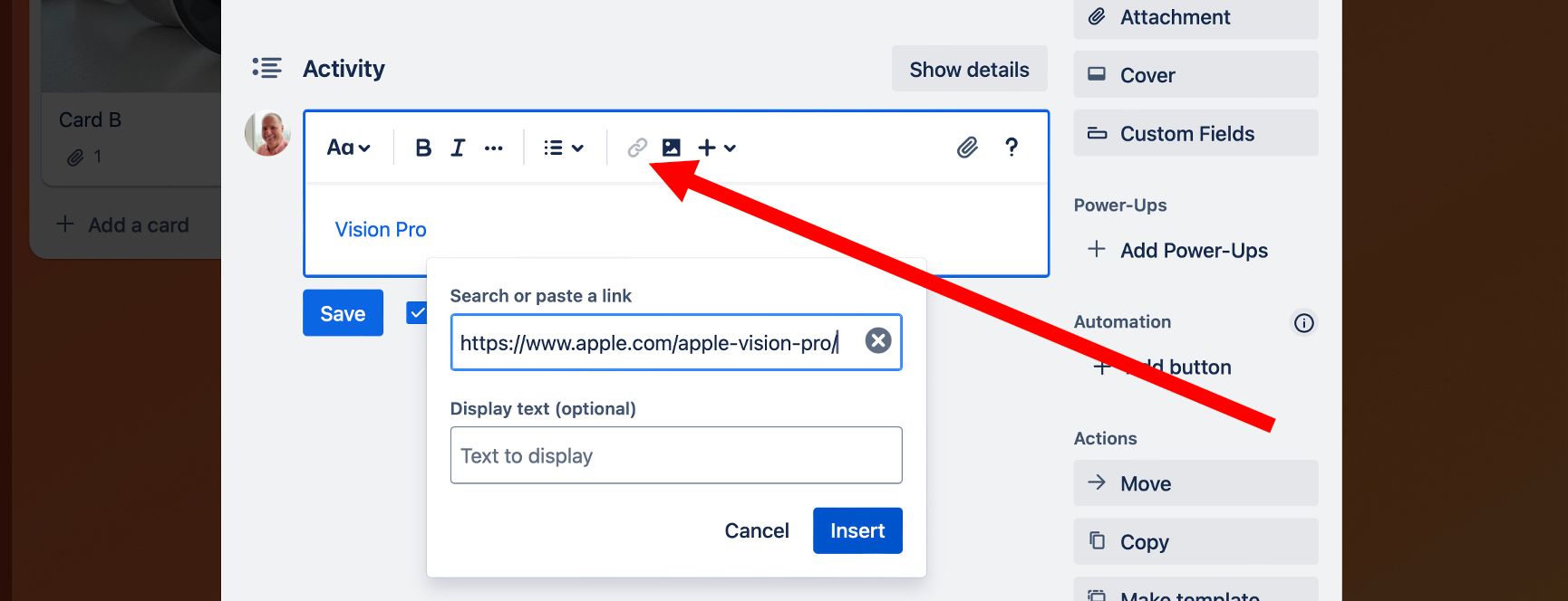 Adding a link to a Trello activity. 