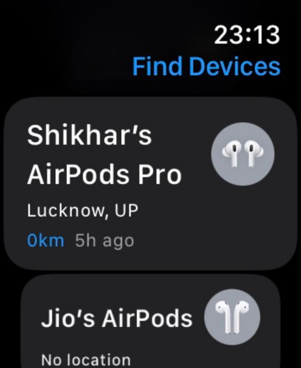 Screenshot of the option to find AirPods Pro in Find Devices on Apple Watch.