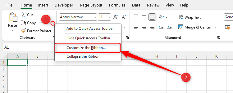 An Excel sheet with Customize The Ribbon selected.