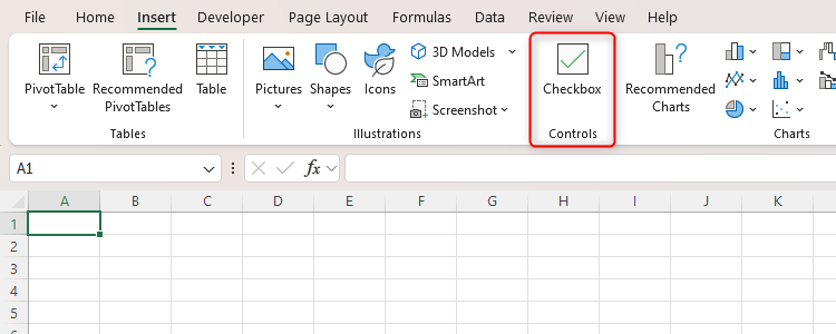 An Excel sheet with the Checkbox option within the Controls group on the Insert tab.