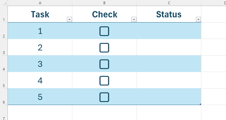 An Excel table with checkboxes in column 2, and column 3 (currently blank) titled Status.