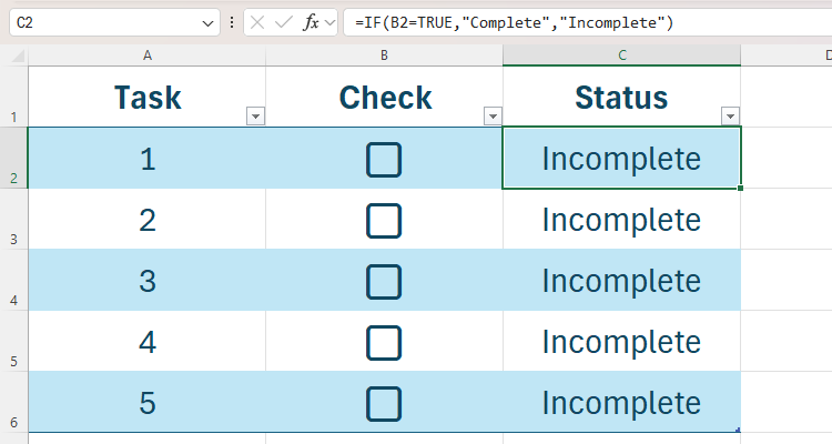 An Excel table with checkboxes in column 2, and the word Incomplete in column 3 based on the IF function added to those cells.