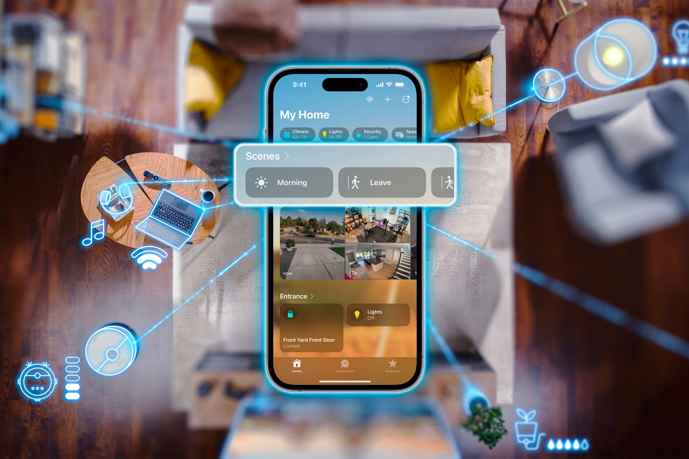 An iPhone highlighting scenes with some devices controlled by the Home app in the background.