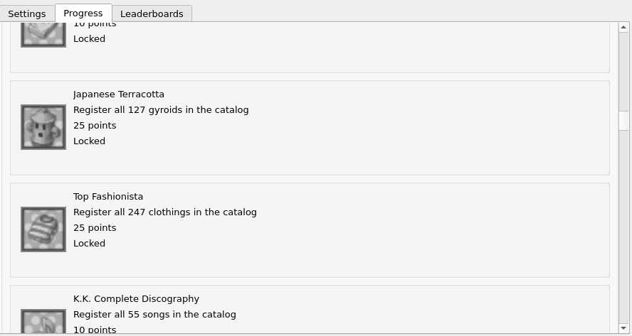 Achievements for Animal Crossing in the Dolphin emulator.