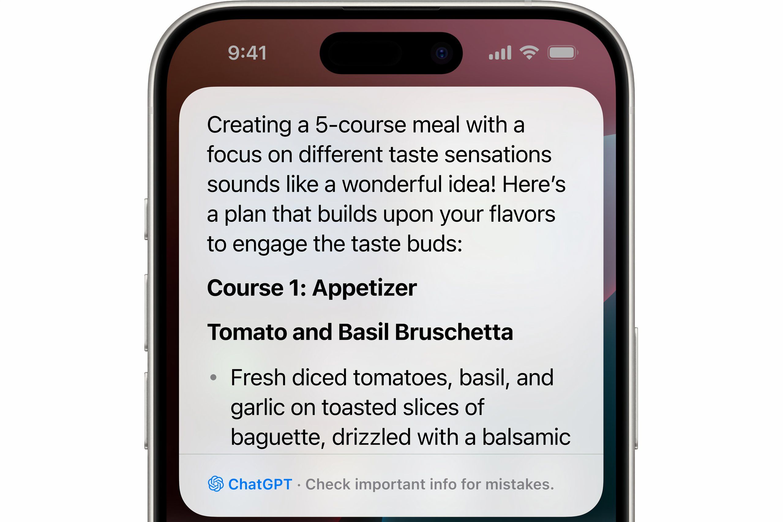 Apple Intelligence in action, with Siri displaying a ChatGPT prompt to create a five-course meal