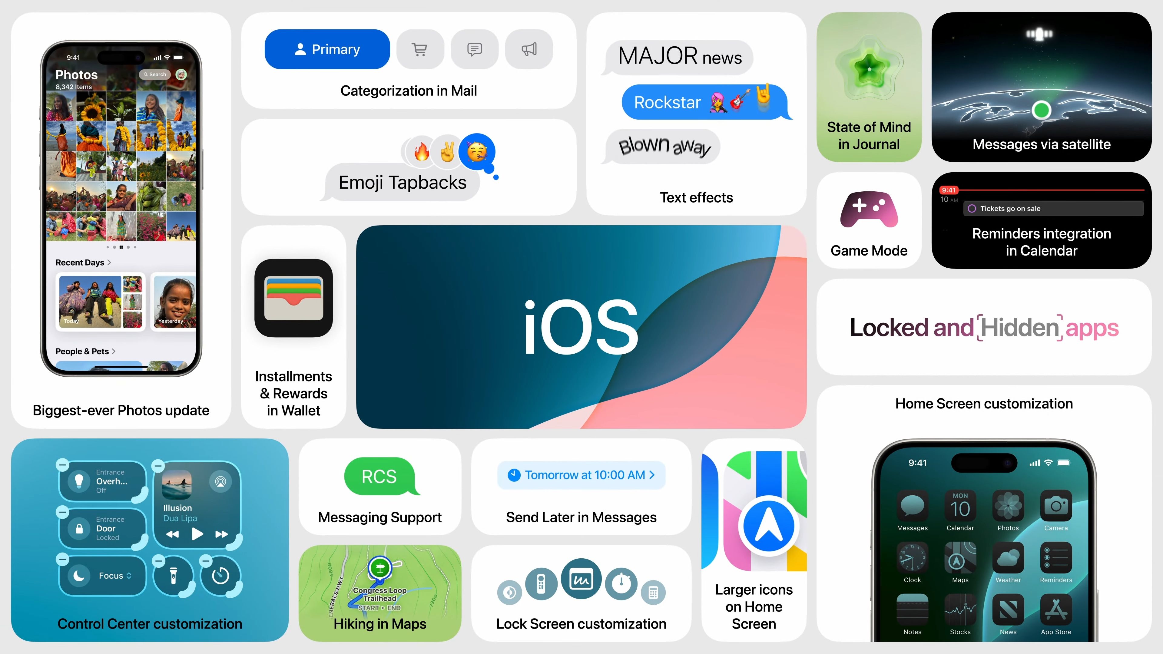 A collage of thumbnails, with each promoting a different iOS 18 feature.