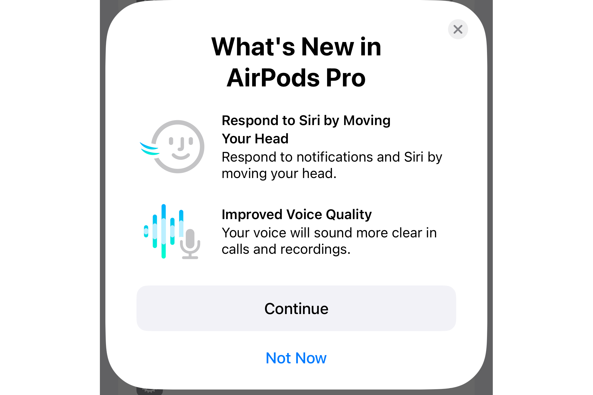 An AirPods card on iPhone listing new features like voice isolation and responding to Siri with head movement.