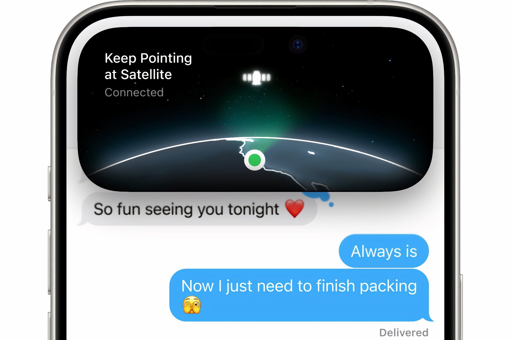 A chat in the iPhone's Messages app, with satellite connectivity guidance displayed at the top.