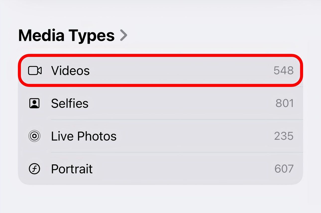 The iPhone's Photos app with the Videos option annotated in the Media Types section.