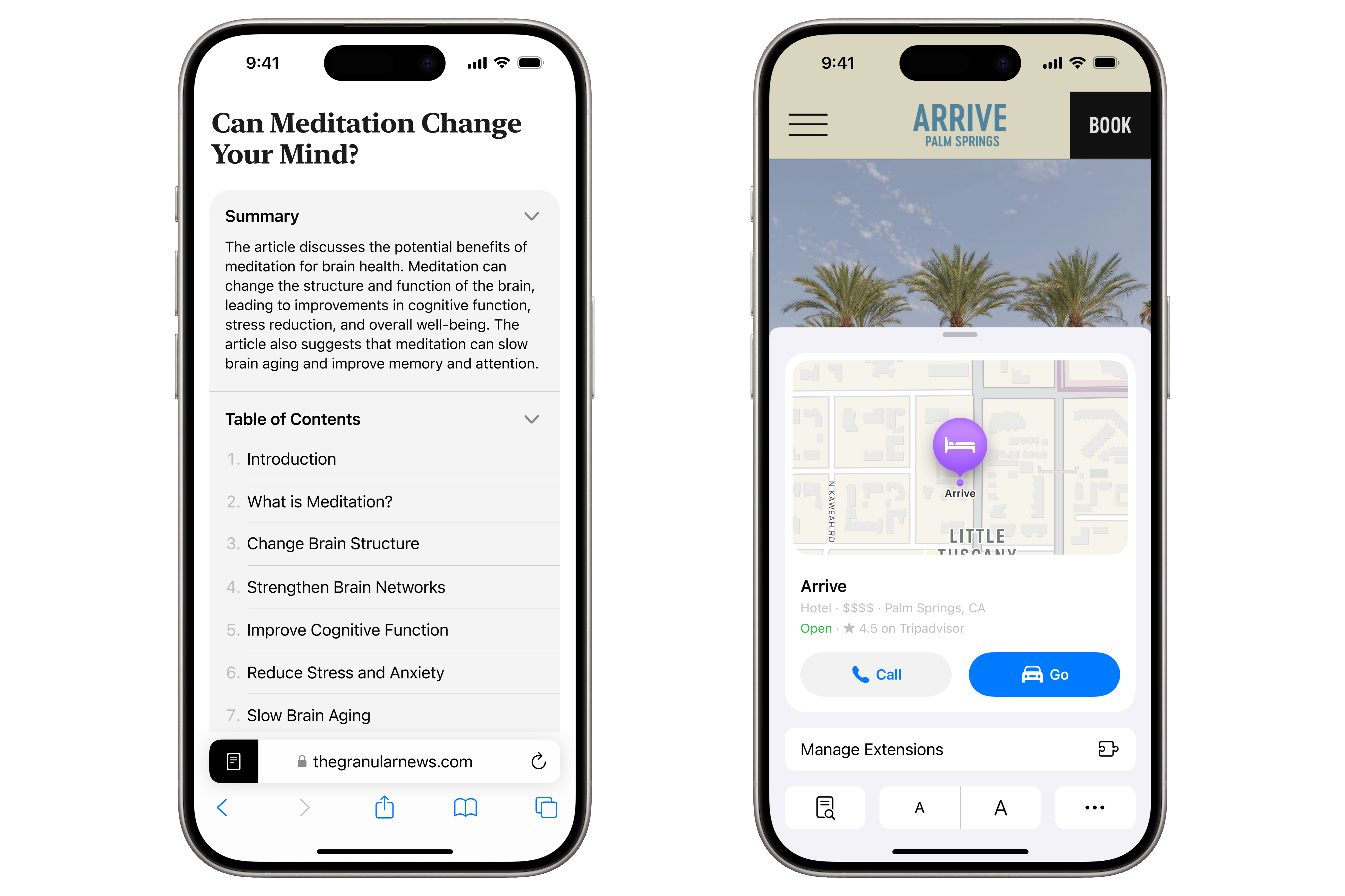 Two framed iPhone screenshots showcasing AI-powered Safari highlights and Reader Mode summaries