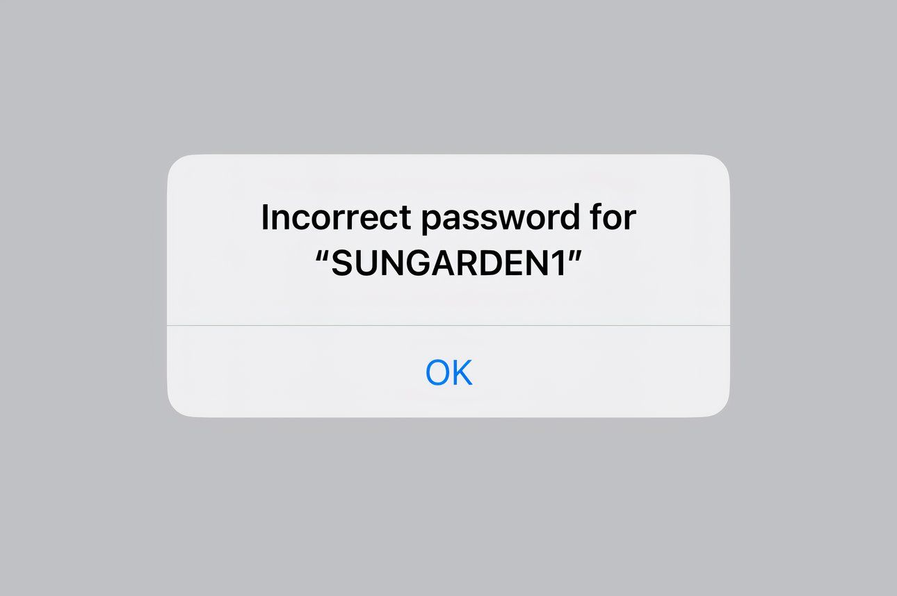 The iPhone&rsquo;s Settings app displaying an incorrect Wi-Fi password message.