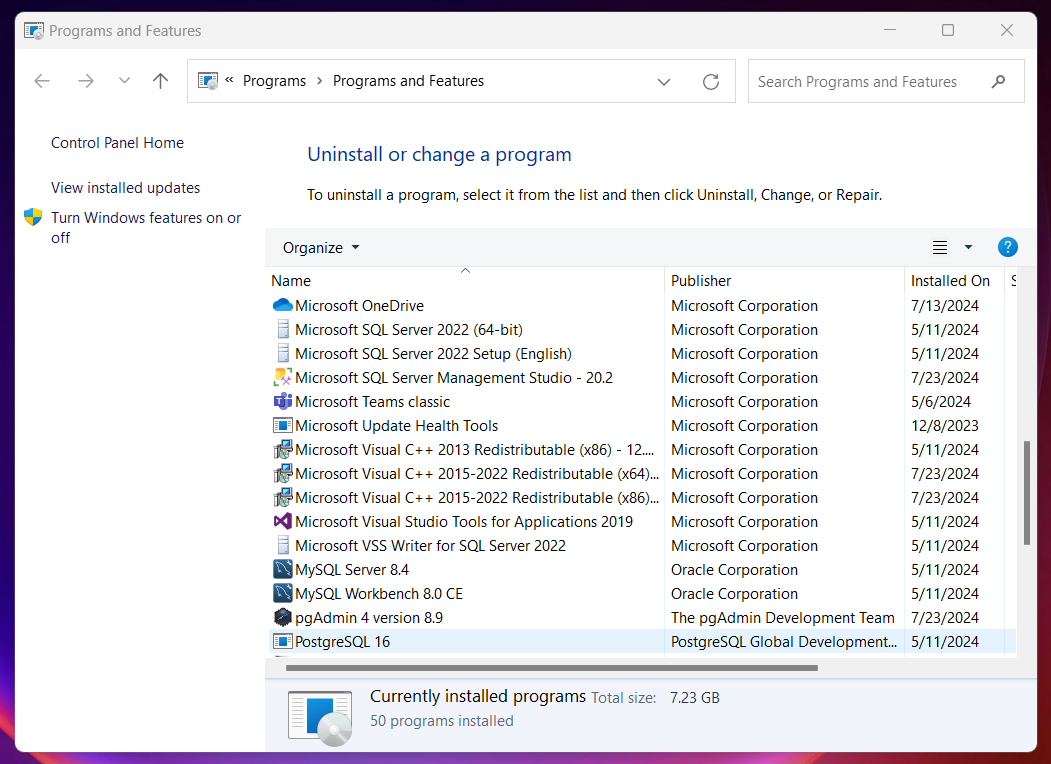 A list of installed programs showing in Programs and Features window. 