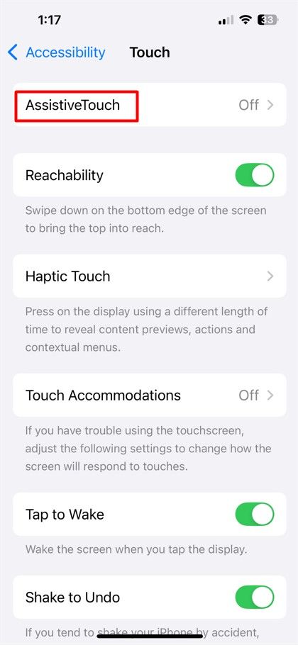 AssistiveTouch option in the Settings app.