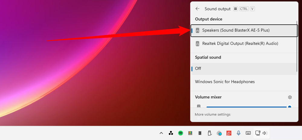 The Audio Mixer window on Windows 11, with the output device indicated. 