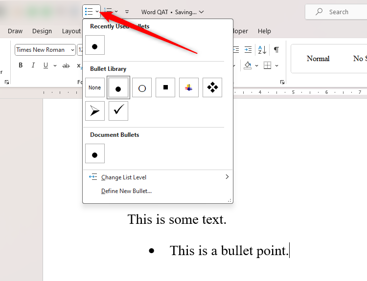 Microsoft Word's Bullet icon in the Quick Access Toolbar, with the drop-down arrow selected to display the bullet menu.