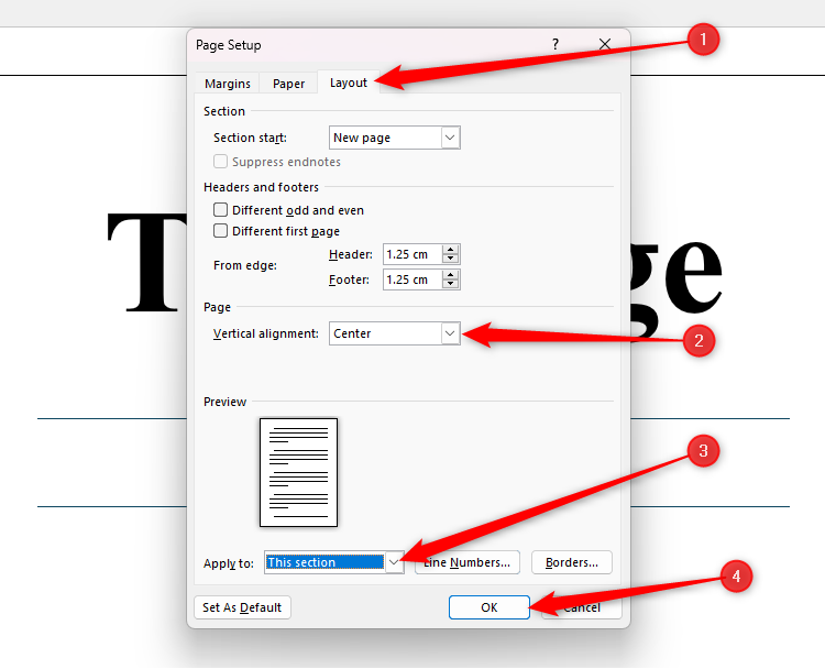 Word's Page Setup dialog box with Vertical Alignment changed to 'Center,' and Apply To changed to 'This Section.'