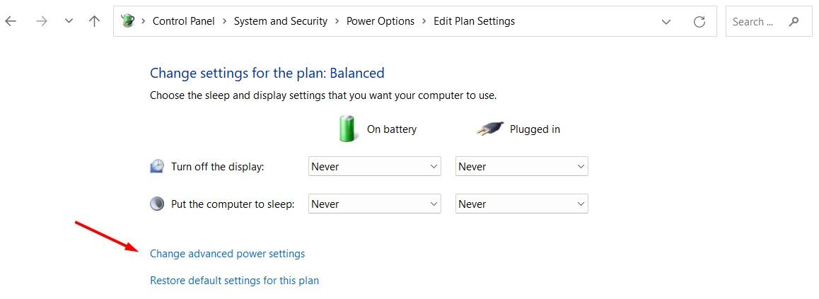 Change Advanced Power Settings option in the Control Panel.