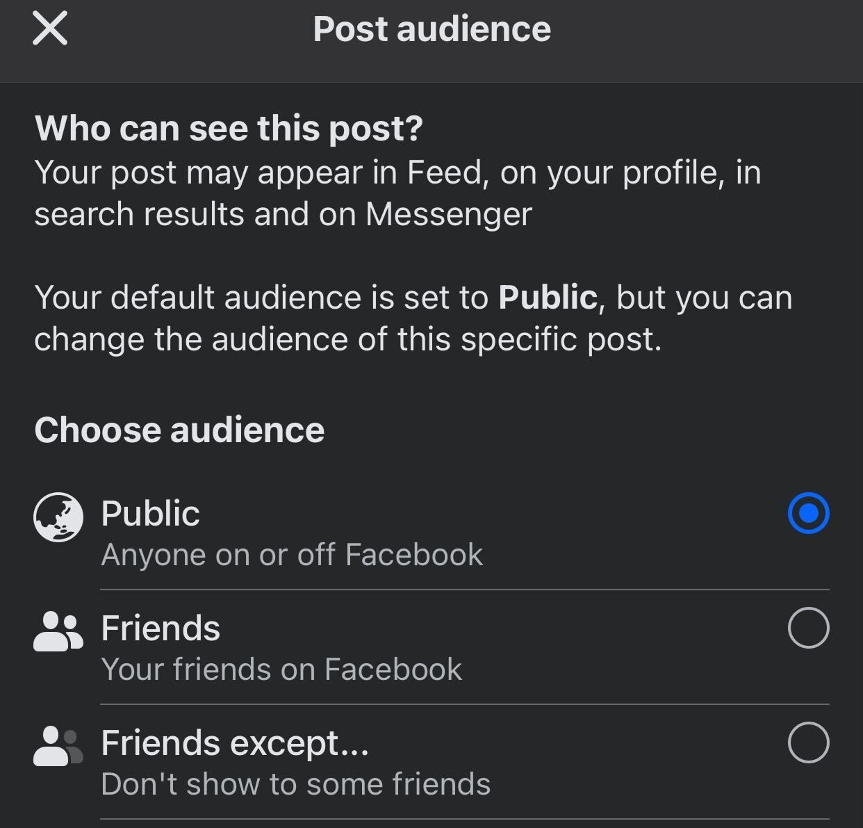 Changing the post audience on Facebook.