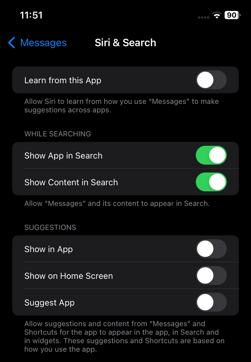 Disabling Siri features in iMessage Settings.