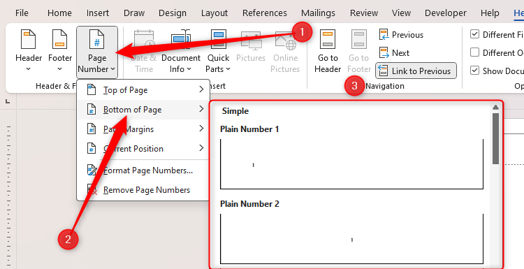 Word's page number styles, with the Bottom Of Page options showing.