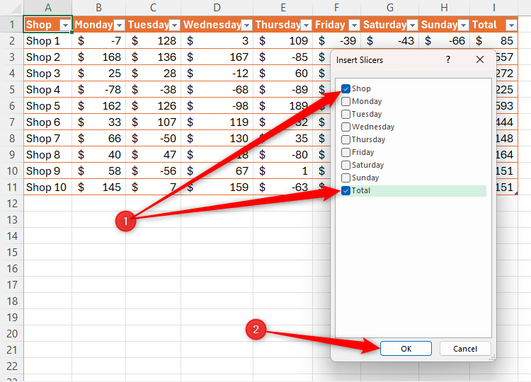 An Excel sheet with the Insert Slicers dialog box, and the Shop and Total columns selected.